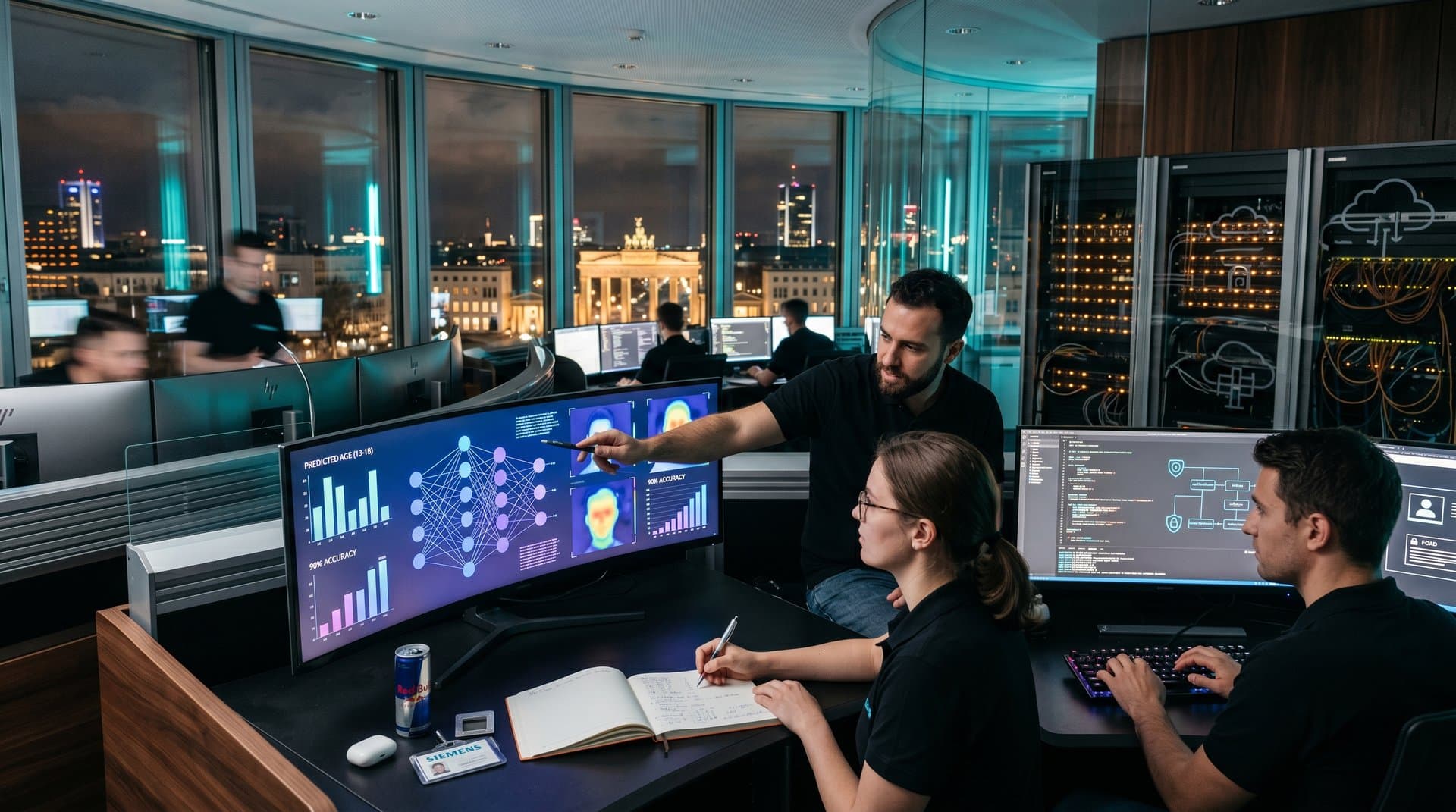 KI-Visualisierung von Altersanalysen auf Monitoren mit neuronalen Netzen und GPU-Racks in innovativem Tech-Setup
