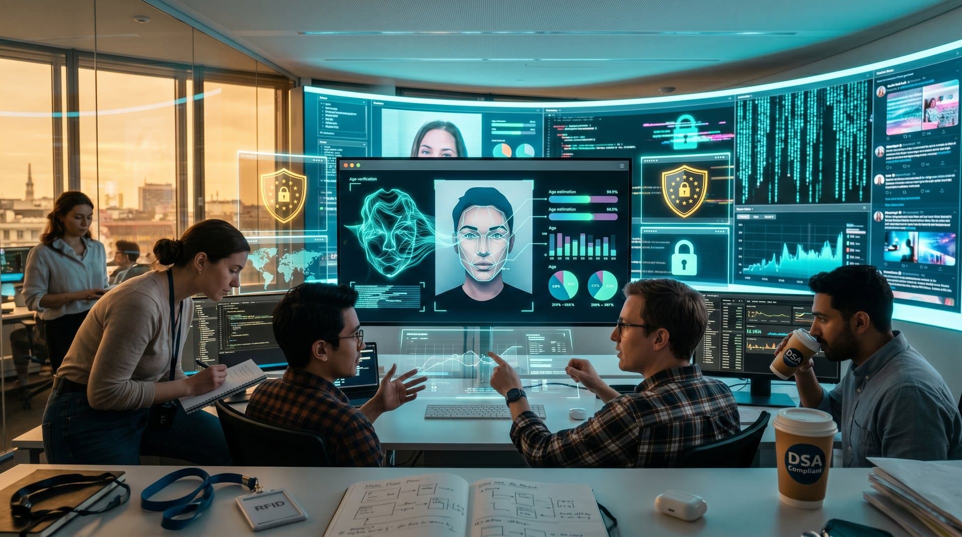 Futuristische KI-Altersprüfung mit neuronalen Netzen und Jugendschutz-Symbolen