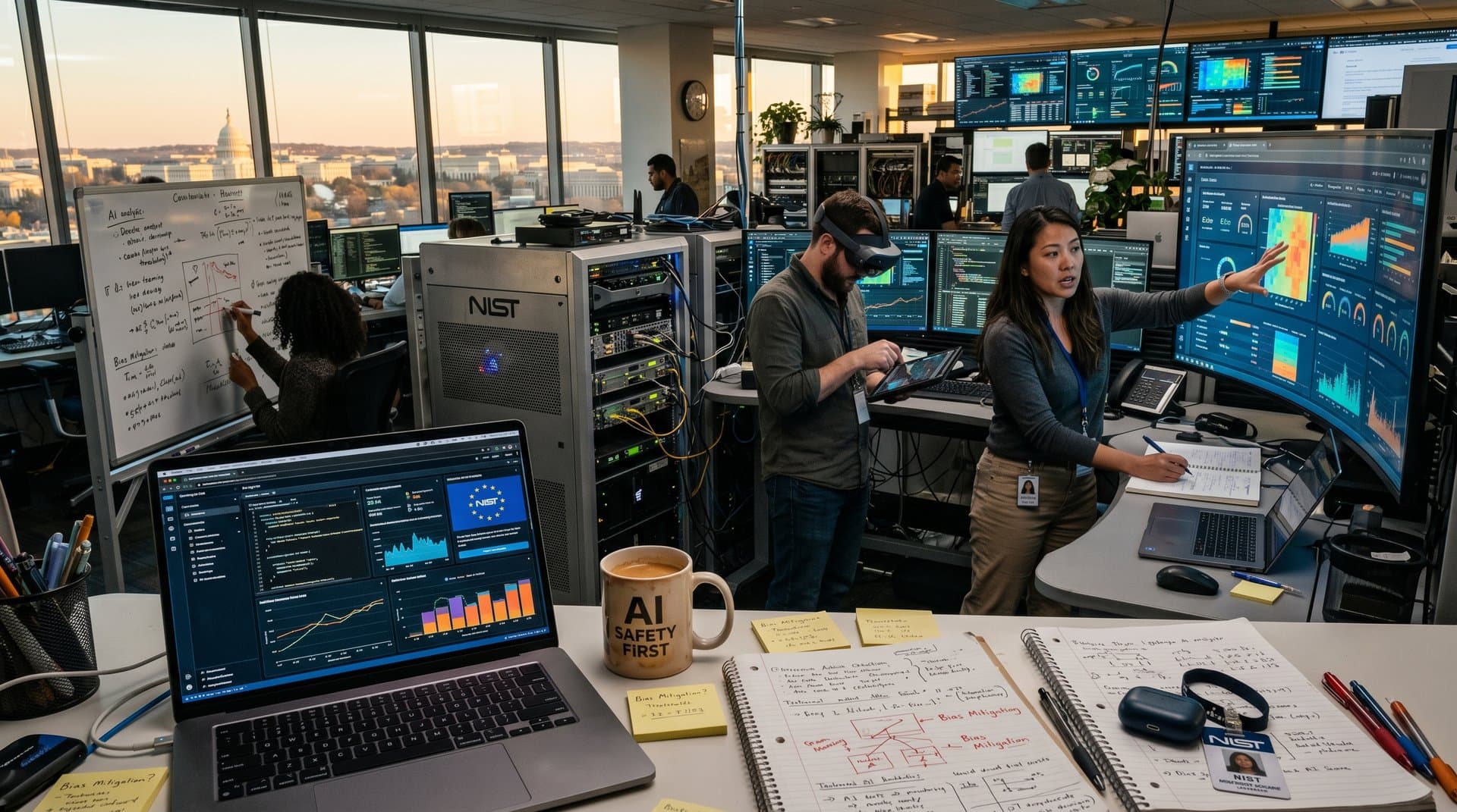 Forscher in NIST-Lab testen KI-Sicherheitstests für Google und Microsoft an Monitoren mit Metrics und Charts