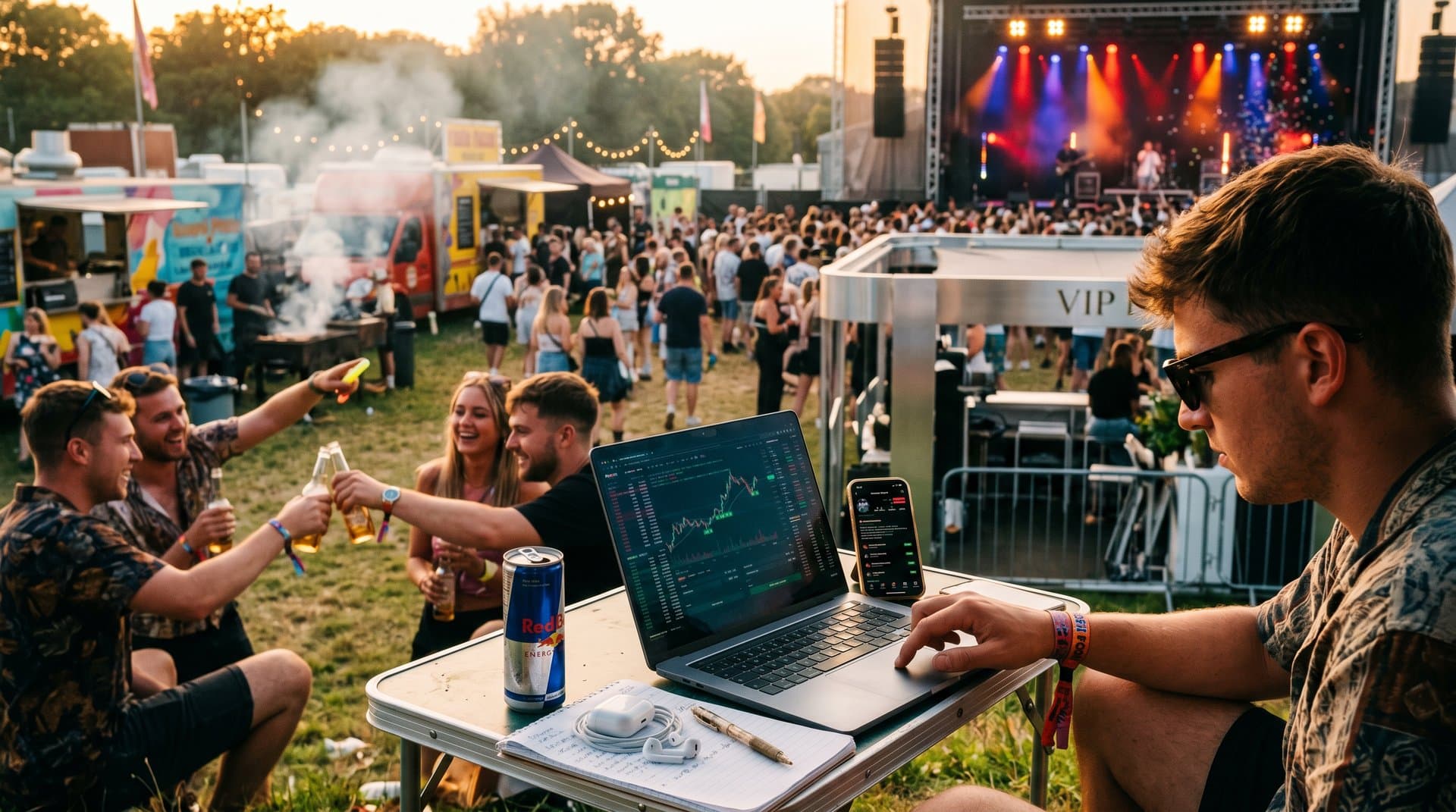 Junger Festivalgoer mit DdbuShen AI-Trading-App und Krypto-Charts auf Laptop bei Sonnenuntergang
