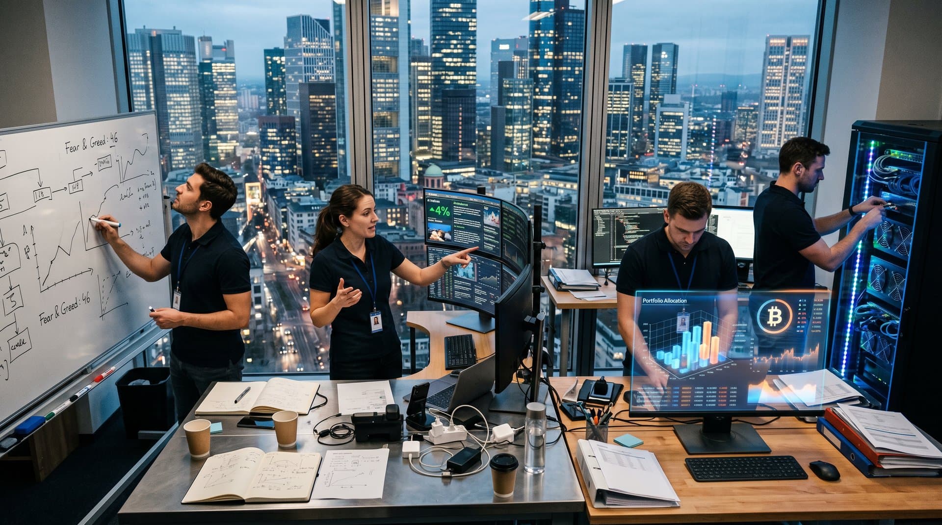 Futuristisches AI-Labor mit Server-Racks, Bloomberg Terminal und Whiteboard-Diagrammen zu Nasdaq AI-Aktien