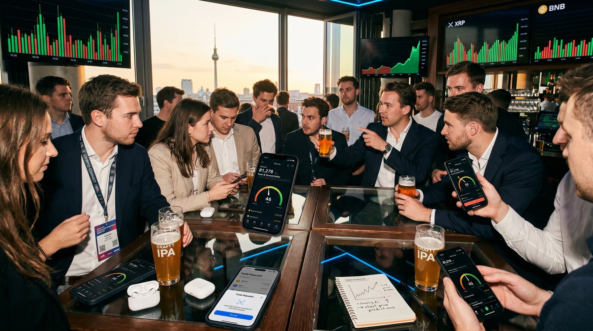 Crypto-Charts auf Smartphones in Berliner Bar mit BTC bei 81k USD und Fear & Greed 46