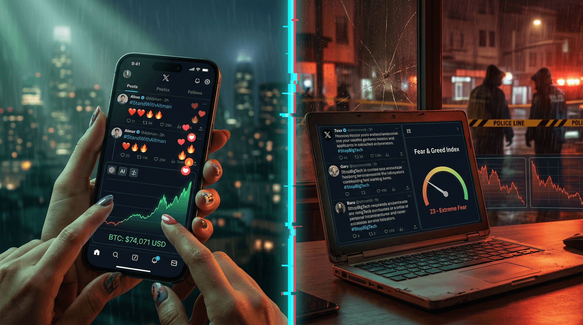 Angriff auf Sam Altmans Haus: Fear & Greed fällt auf 23, BTC bei 74.071 $