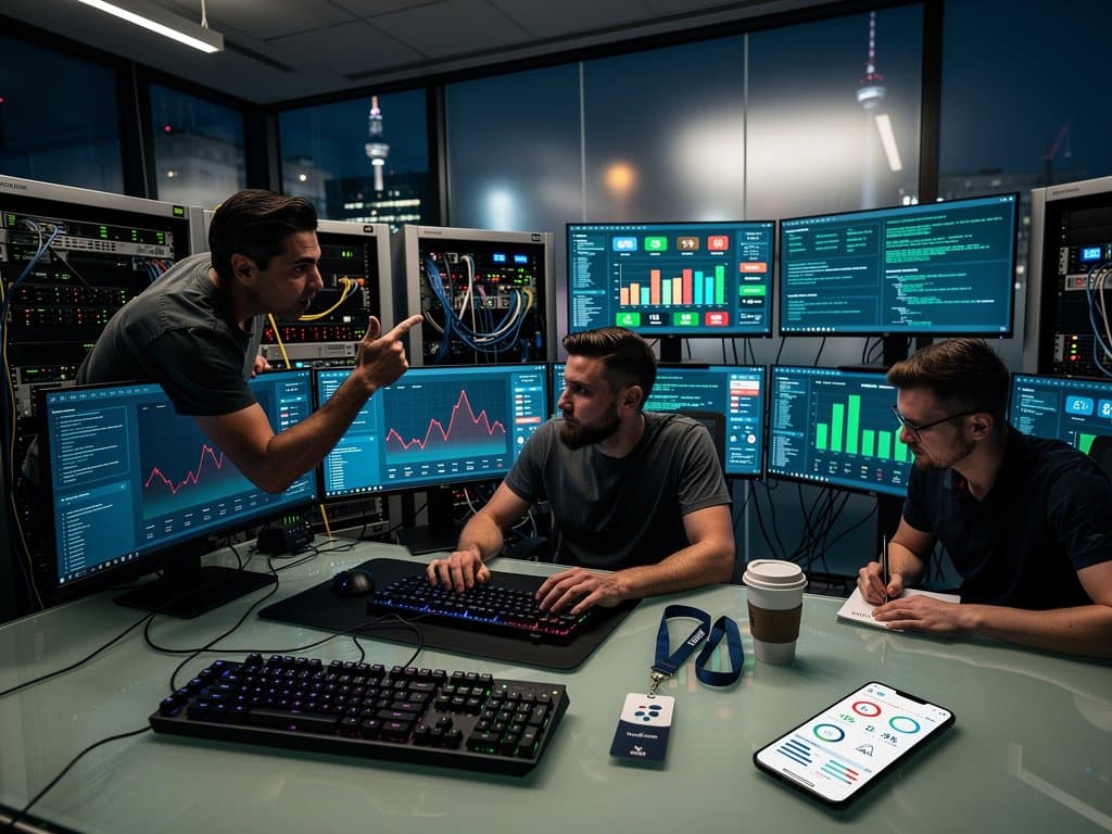 Futuristisches Tech-Büro mit ATS-Analyse-Monitore, Server-Racks und Keyword-Highlights für Bewerbungstipps