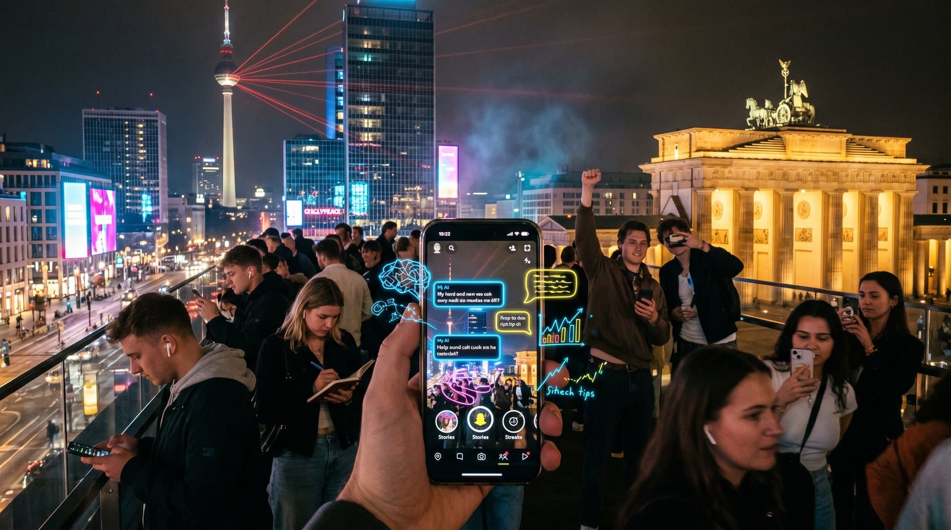 Abstraktes Snapchat AI-Interface mit Chatbots, Lenses, sozialen Interaktionen und Krypto-Elementen über städtischer Skyline