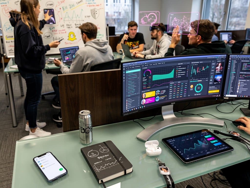 Snapchat KI-Screens auf Monitoren in modernem Büro, Smartphone mit App, urbaner Tech-Vibe für junge Nutzer