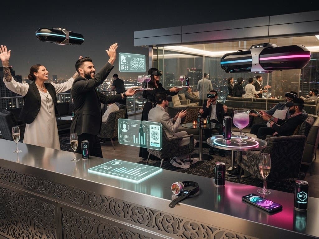 Futuristische Riadh Skybar-Nacht mit Drohnen, Hologrammen und Skyline