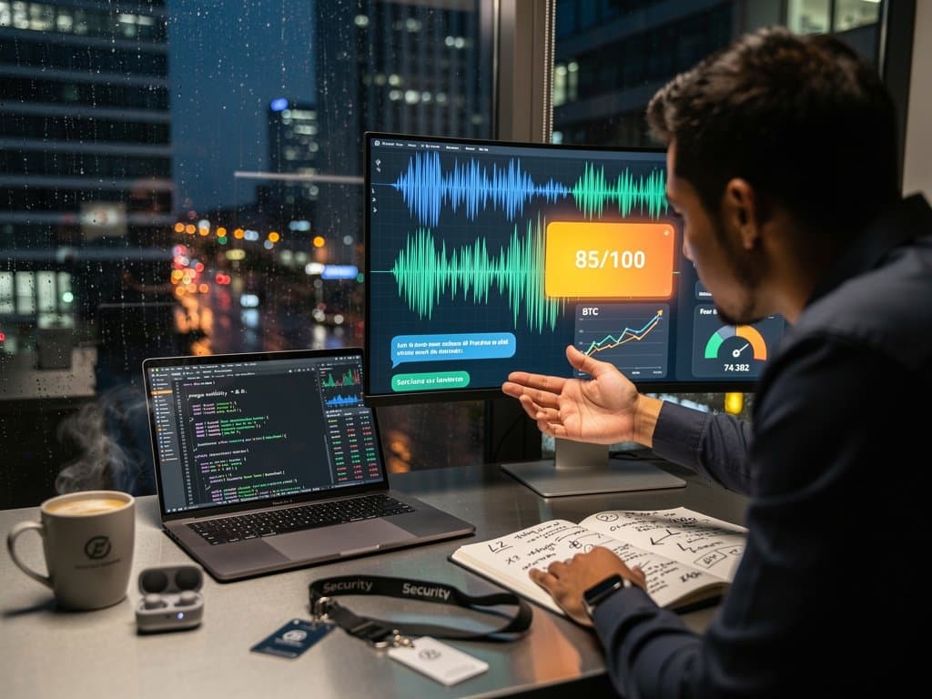 Tech-Team analysiert KI-Interview-Tool mit Krypto-Charts auf Monitor in modernem Büro