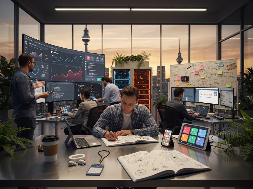 Moderne Tech-Lab-Szene in Berlin mit KI-Visuals, Crypto-Charts, Fear & Greed Index und Job-Tools auf Monitoren und Laptops