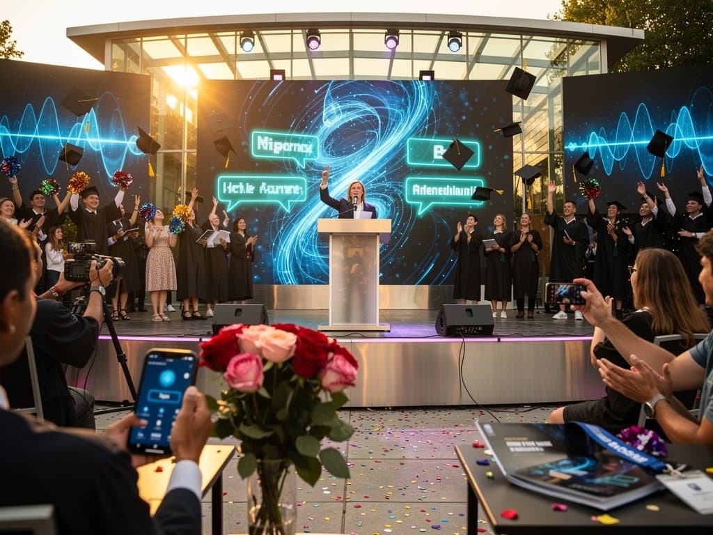 High-School-Abschlussfeier mit KI-Namensansagen, jubelnde Absolventen und Tech-Elemente auf der Bühne