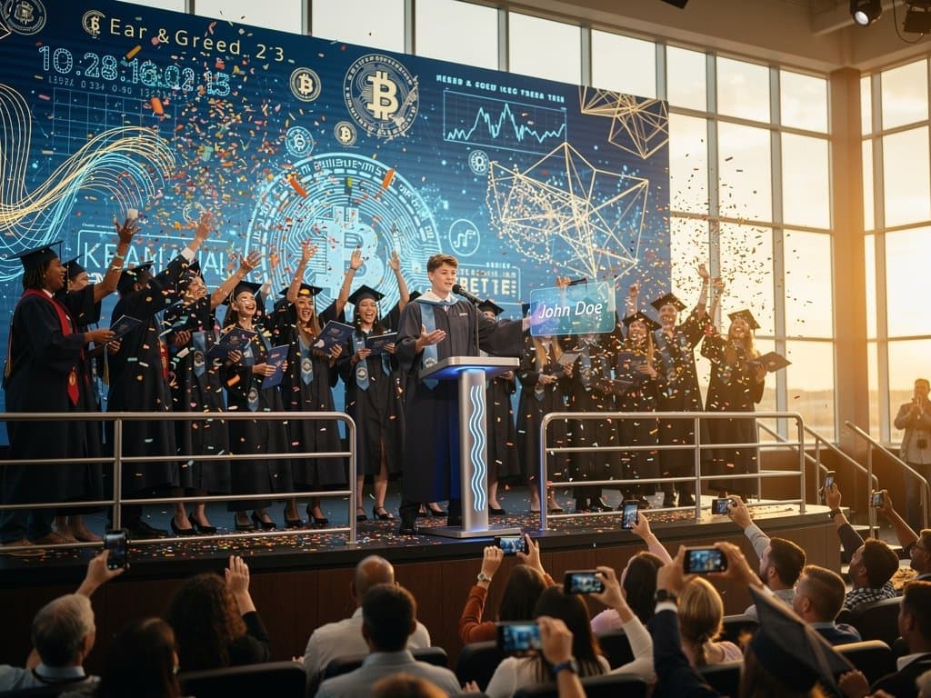 Abschlussfeier mit KI-Mikrofon, jubelnde Seniors, Tech-Effekte und Crowd auf Bühne