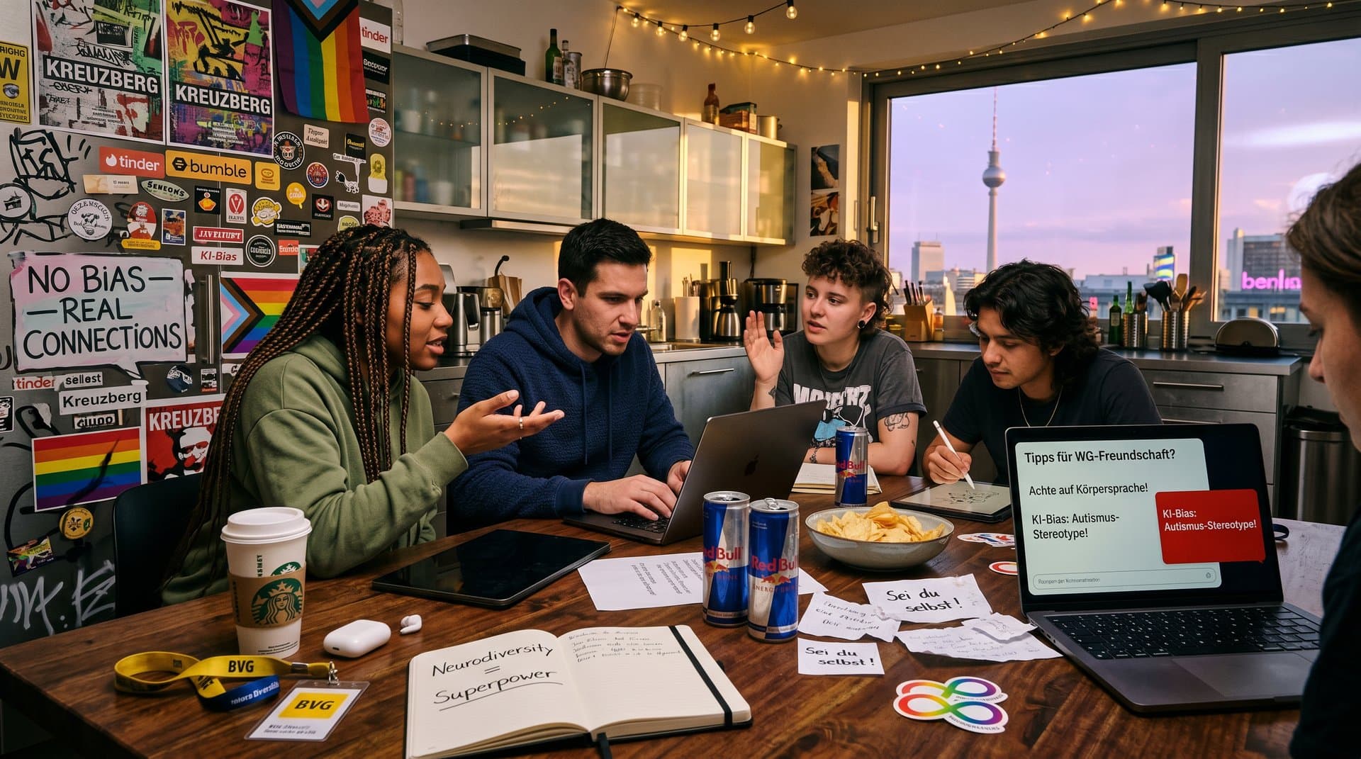 Junge Erwachsene in WG diskutierten KI-Dating-Tipps mit Bias-Warnung auf Smartphone-Bildschirm