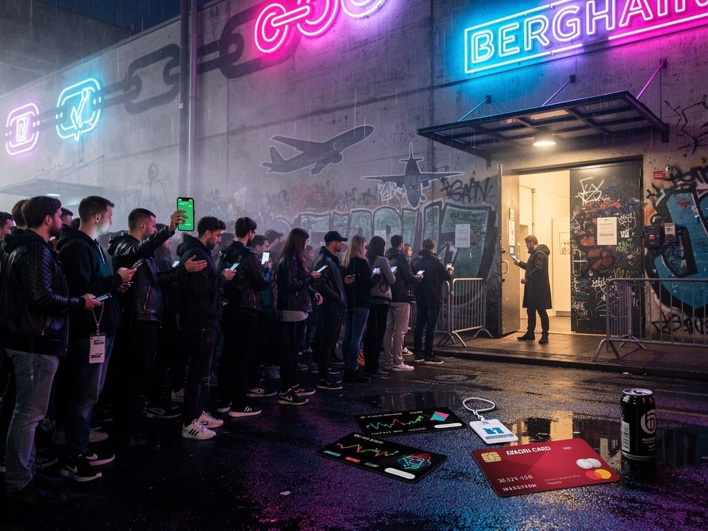 Berlin-Nachtleben mit Crypto-Charts auf Smartphones vor Berghain, XRP +4,2%, Reise-Apps und Party-Vibes