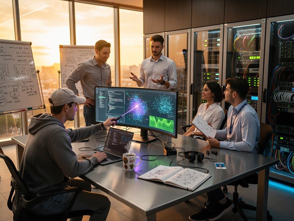 Junge Ingenieure in Maryland AI-Lab um Monitor mit KI-Grafiken, Chesapeake Bay im Hintergrund