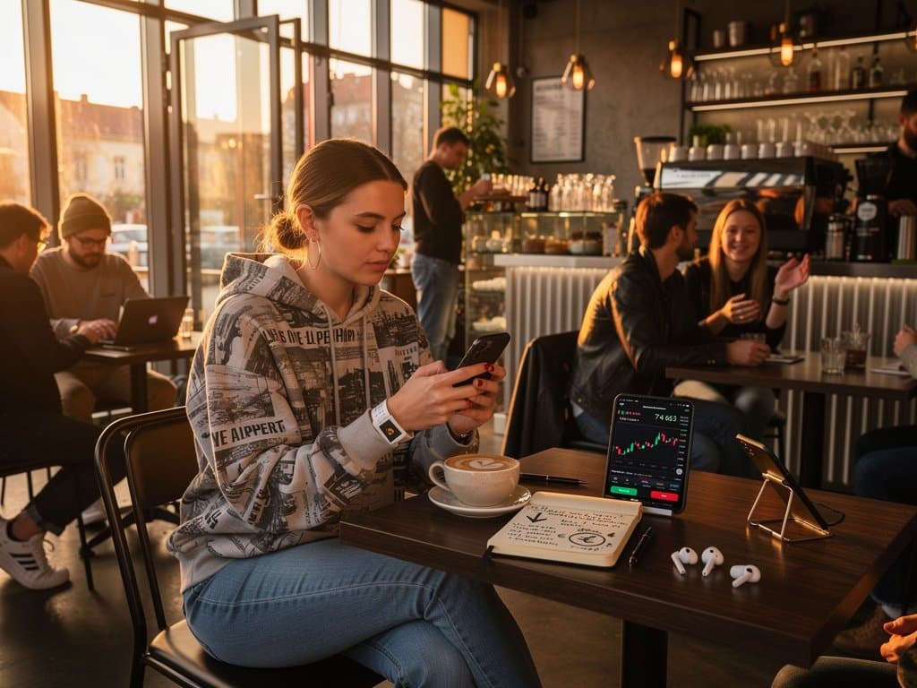 Schwab Crypto-Trading-App mit BTC bei 74k USD und Fear & Greed 21 auf Smartphone in Café, junge Leute teilen Charts