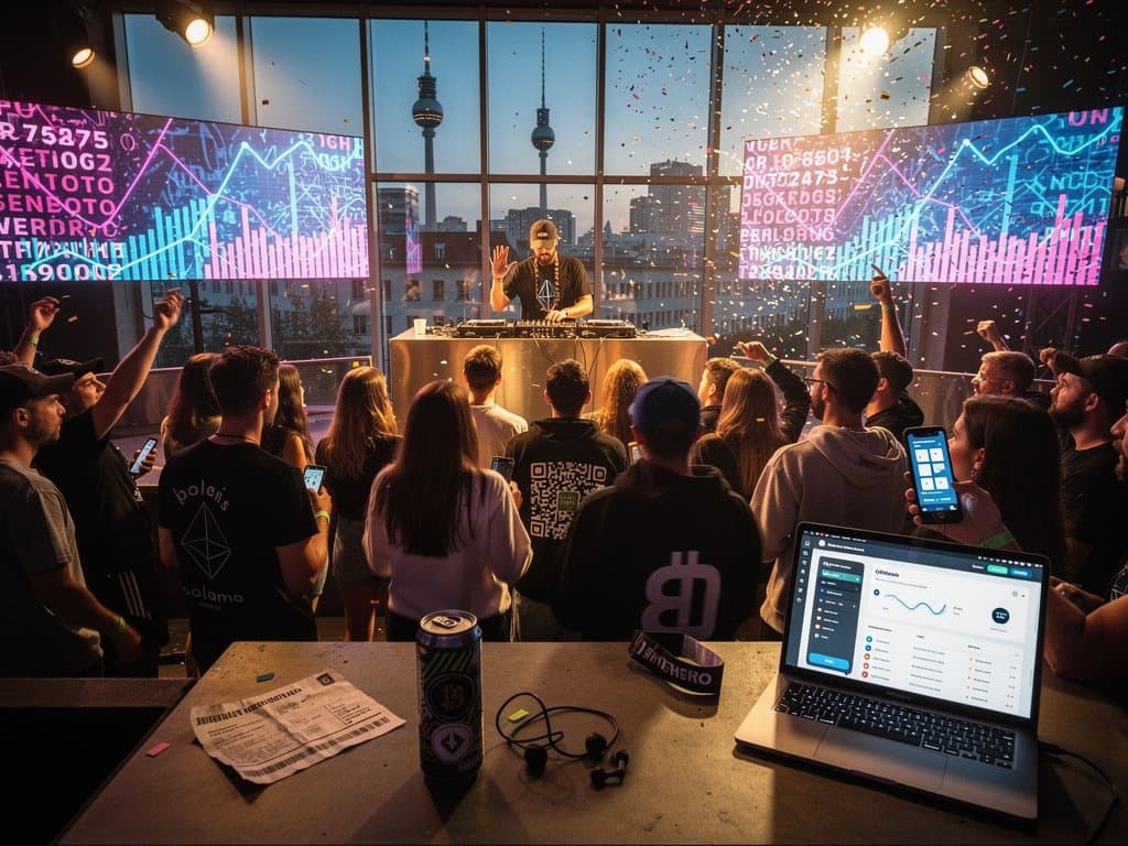 Tech-Party in Berlin-Kreuzberg mit Crypto-Charts, Neonlichtern und jungen Leuten bei Meme-Coin-Hype