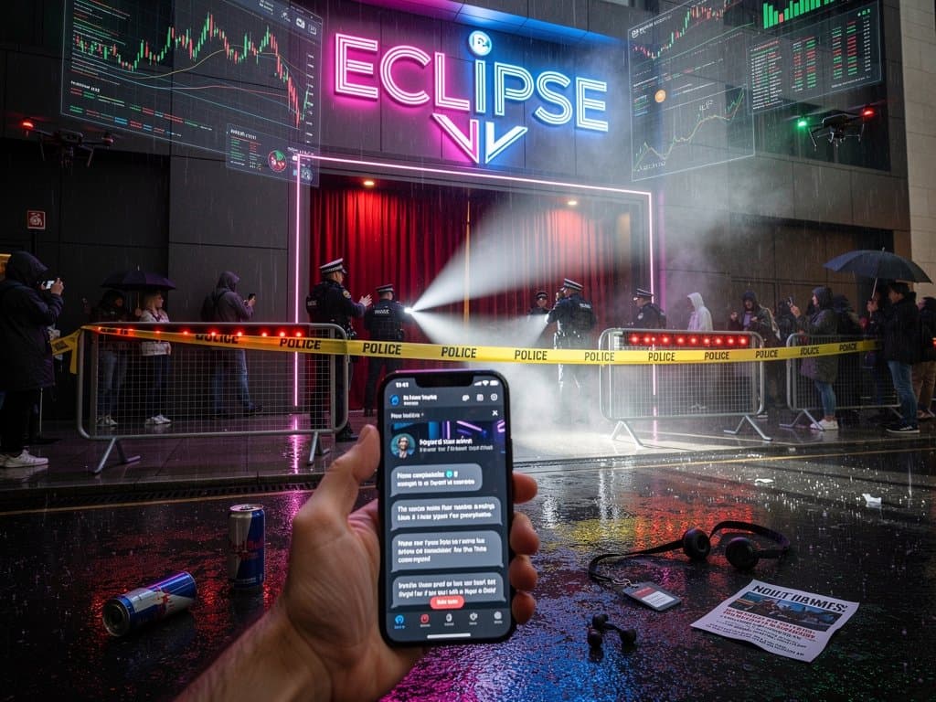 Neonbeleuchteter Nightclub in London mit Polizeisperre, KI-Fake-Beschwerden auf Smartphone und Crypto-Charts mit Fear & Greed 21