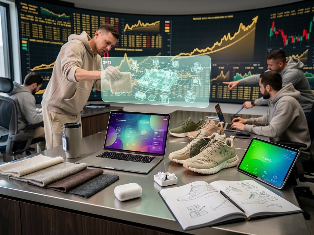 KI-Visuals von nachhaltigen Allbirds-Sneakers und Crypto-Charts in modernem Tech-Setup