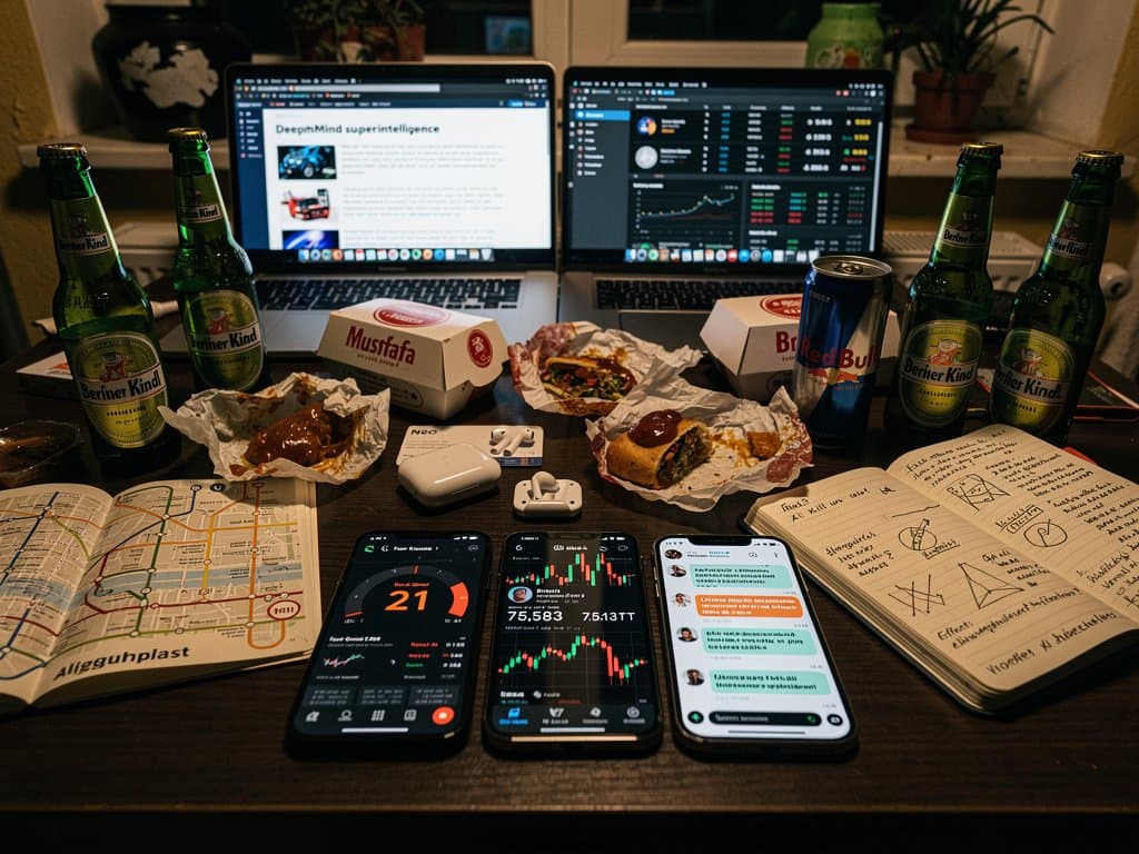 Abstrakte Berliner WG-Szene mit Crypto-Charts, Fear & Greed Index und KI-Debatten-Elementen