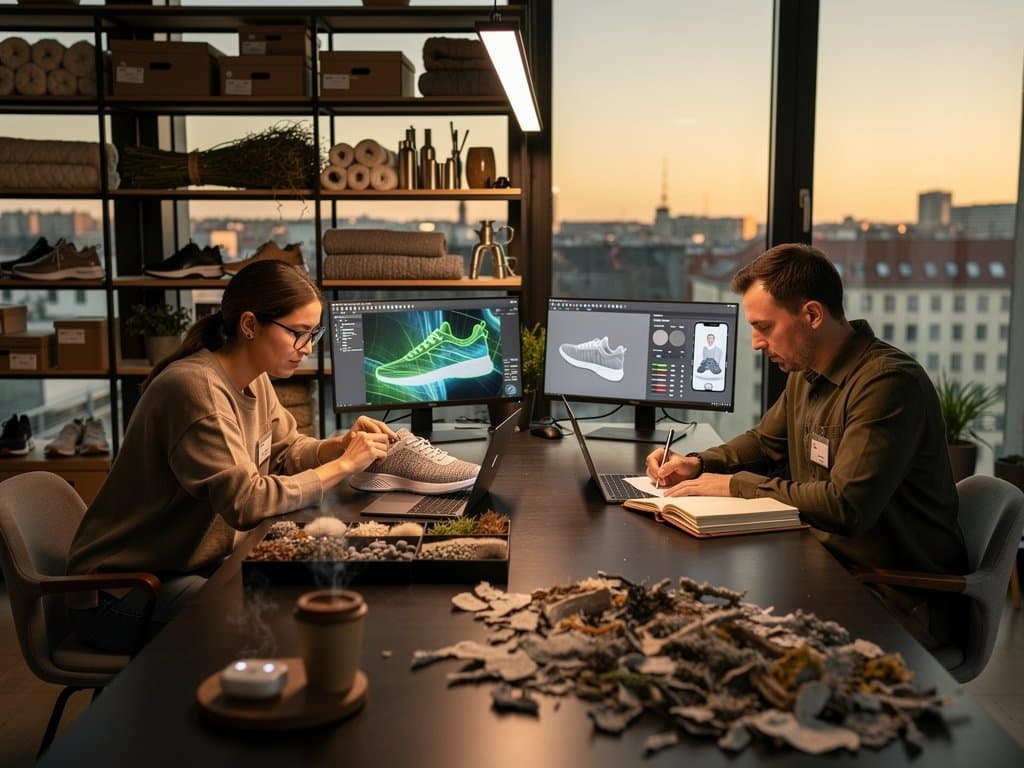 Prototyp-Sneaker mit KI-Simulationsgrafiken in nachhaltiger Werkstatt mit Berlin-Blick