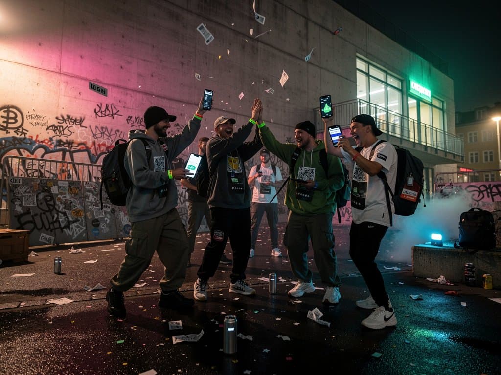 Junge Deutsche feiern vor Berghain mit BNB-Wallets, Crypto-Charts auf Phones, Rave- und Reise-Vibes in Berlin-Nacht