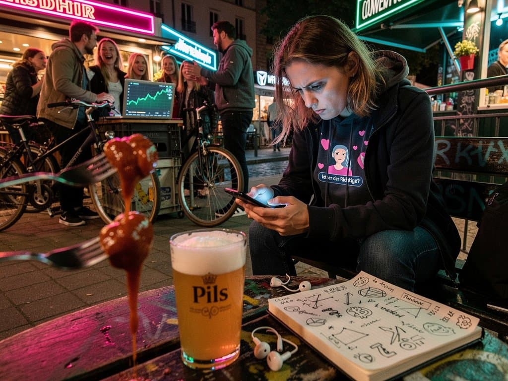 Junge Deutsche mit Smartphone und KI-App, Crypto-Chart im Hintergrund in Berlin