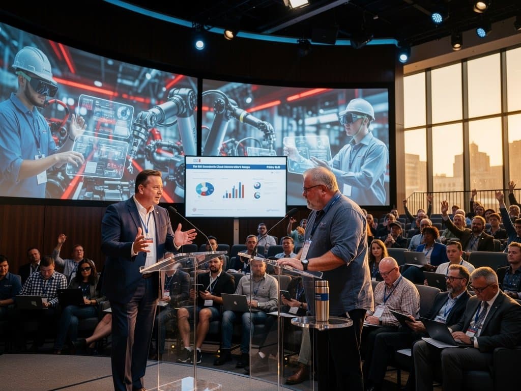 Bühne in Auditorium mit KI-Screens zu Jobrisiken, junges Publikum und Profis
