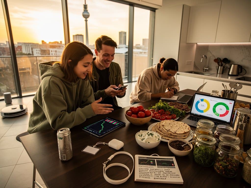 Junge Erwachsene in WG mit Roboter, Döner und Krypto-Apps bei entspanntem Treffen