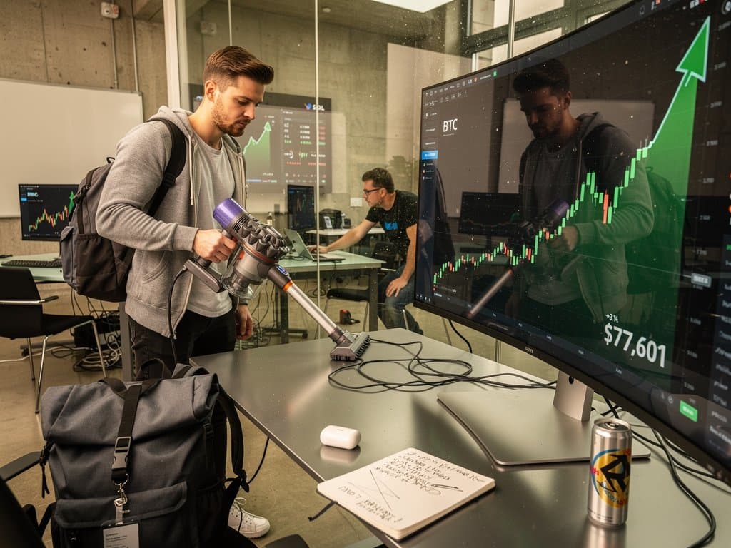 Junger Gig-Worker reinigt Tech-Büro neben BTC-Monitor, Entwickler im Hintergrund