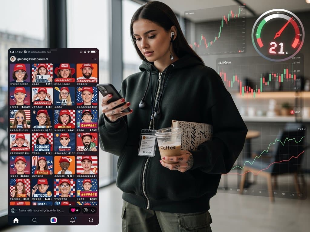 Smartphone mit Social-Media-Feed voller AI Deepfake Trump-Avatare, Glitch-Effekte und Crypto-Charts