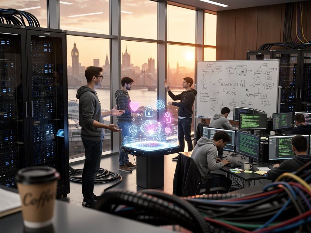 KI-Entwickler in London-Labor mit Monitoren, Code und Datenvisualisierungen, Thames im Hintergrund