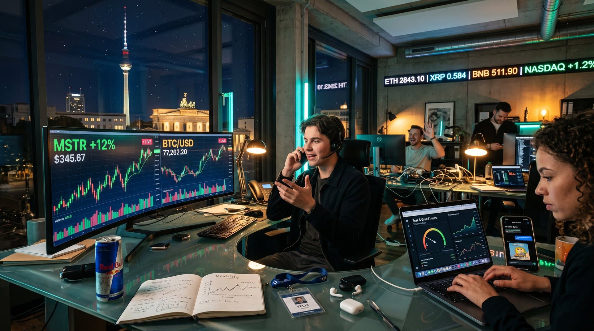 Futuristischer Trading-Desk mit MSTR Surge +12% Charts, Bitcoin bei 77k USD, Smartphone mit Dating-App und Fintech-Apps in neonbeleuchteter Atmosphäre