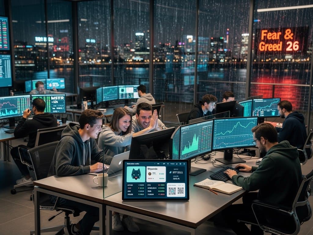 Grüne MSTR- und BTC-Charts auf Trading-Monitoren, junge Leute teilen Wallet-App bei Krypto-Rally in urbaner Bank-Atmosphäre