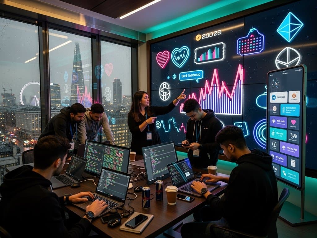 Junge Erwachsene in Londoner Tech-Hub mit KI-Apps für Alltag, Dating und Fintech-Charts