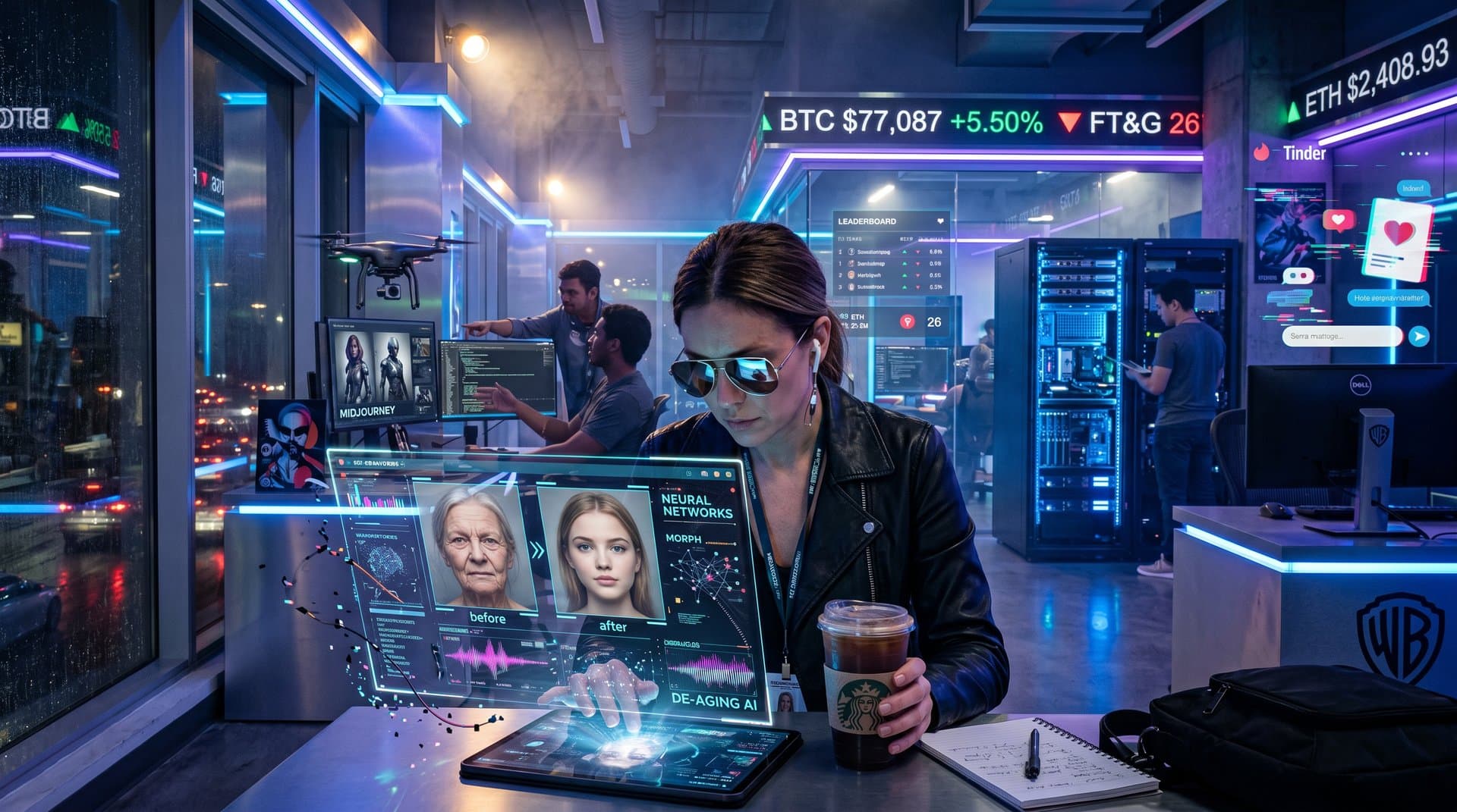 Hollywood-Studio mit KI-Effekten, Bitcoin-Charts und Dating-Apps auf Screens