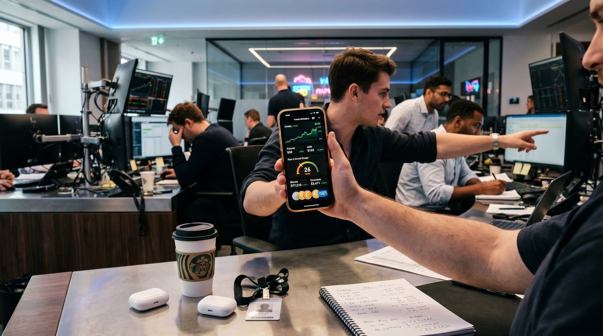 Smartphone mit AI-Aktien-Charts, Fear & Greed Index 26, BTC-Preis und Festival-Icons für junge Investoren