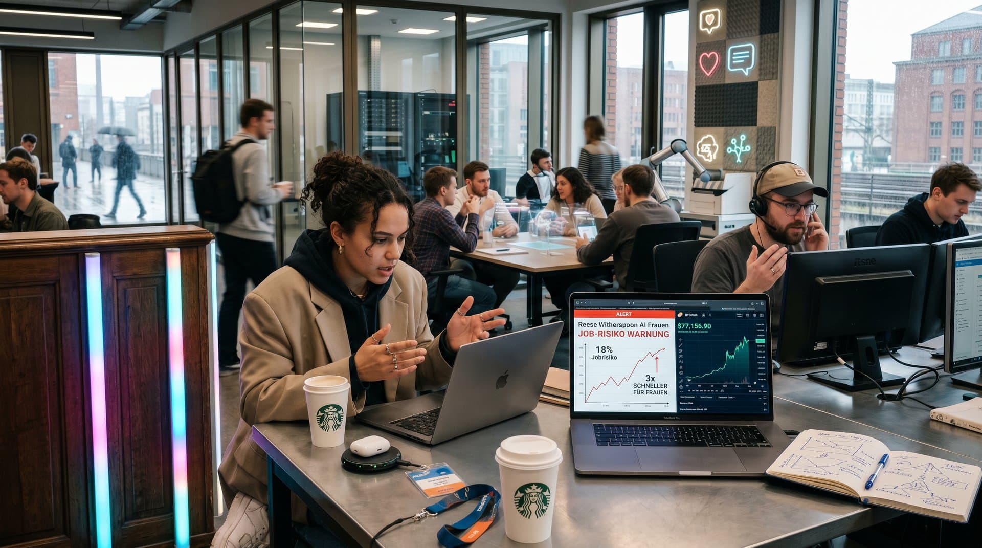 KI-Warnung Reese Witherspoon AI Frauen mit 18% Jobrisiko-Grafik und Bitcoin 77k Chart