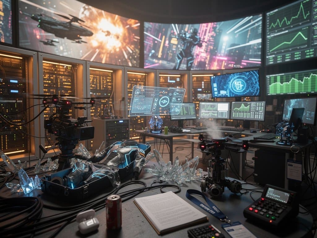 KI-generierte Hollywood-Film-Szenen mit Crypto-Charts und Tech-Visuals in futuristischem Studio