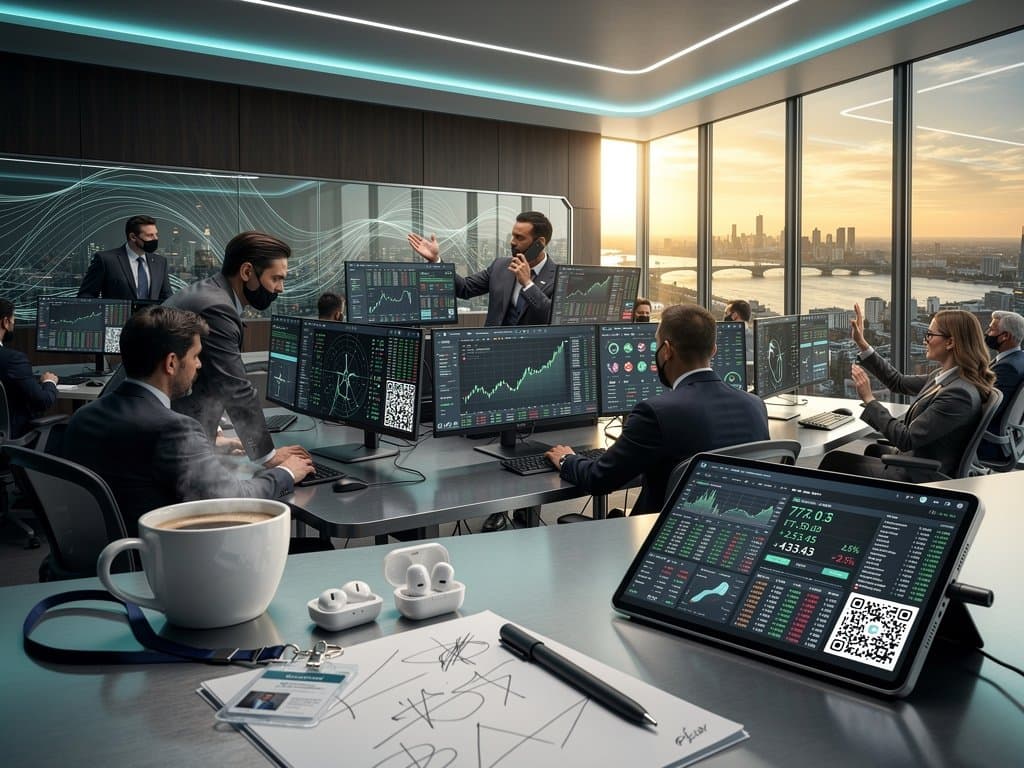 Monitore mit UBestmall 2026 Plattform, BTC-Charts und Crypto-Reiseangeboten auf modernem Trading-Floor