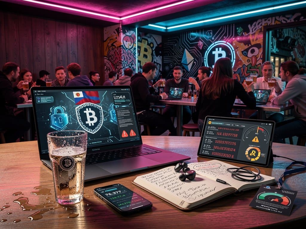 Junge Leute in Berlin-Bar checken Crypto-Wallets auf Scams mit Utah-Gesetz-Overlay
