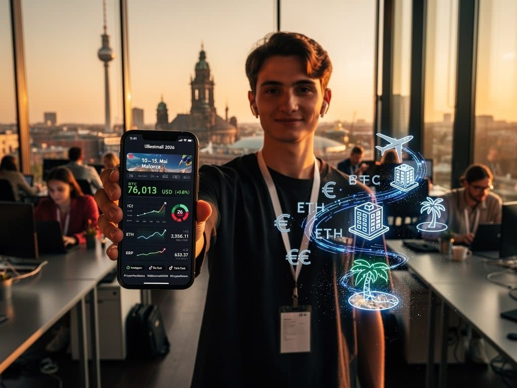 Smartphone mit UBestmall 2026 App: Crypto Flex Dates, BTC-Charts und Reisen in Neon-Design
