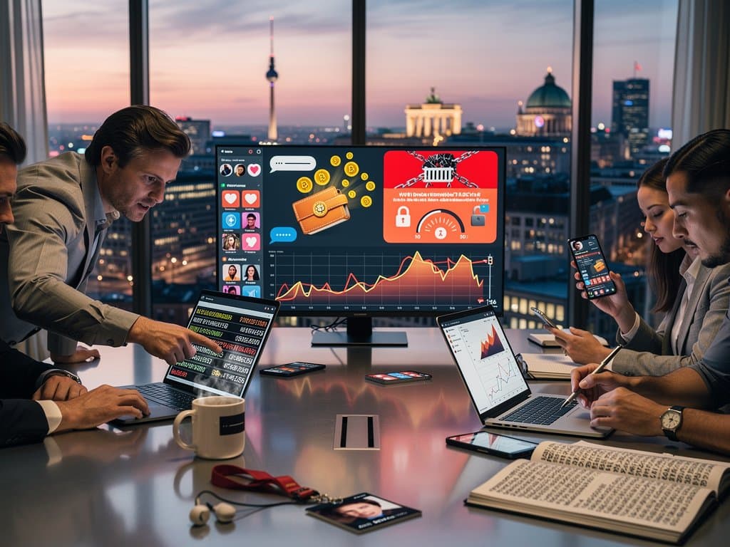 Smartphone mit Dating-App und Krypto-Scam-Warnung vor Berliner Skyline