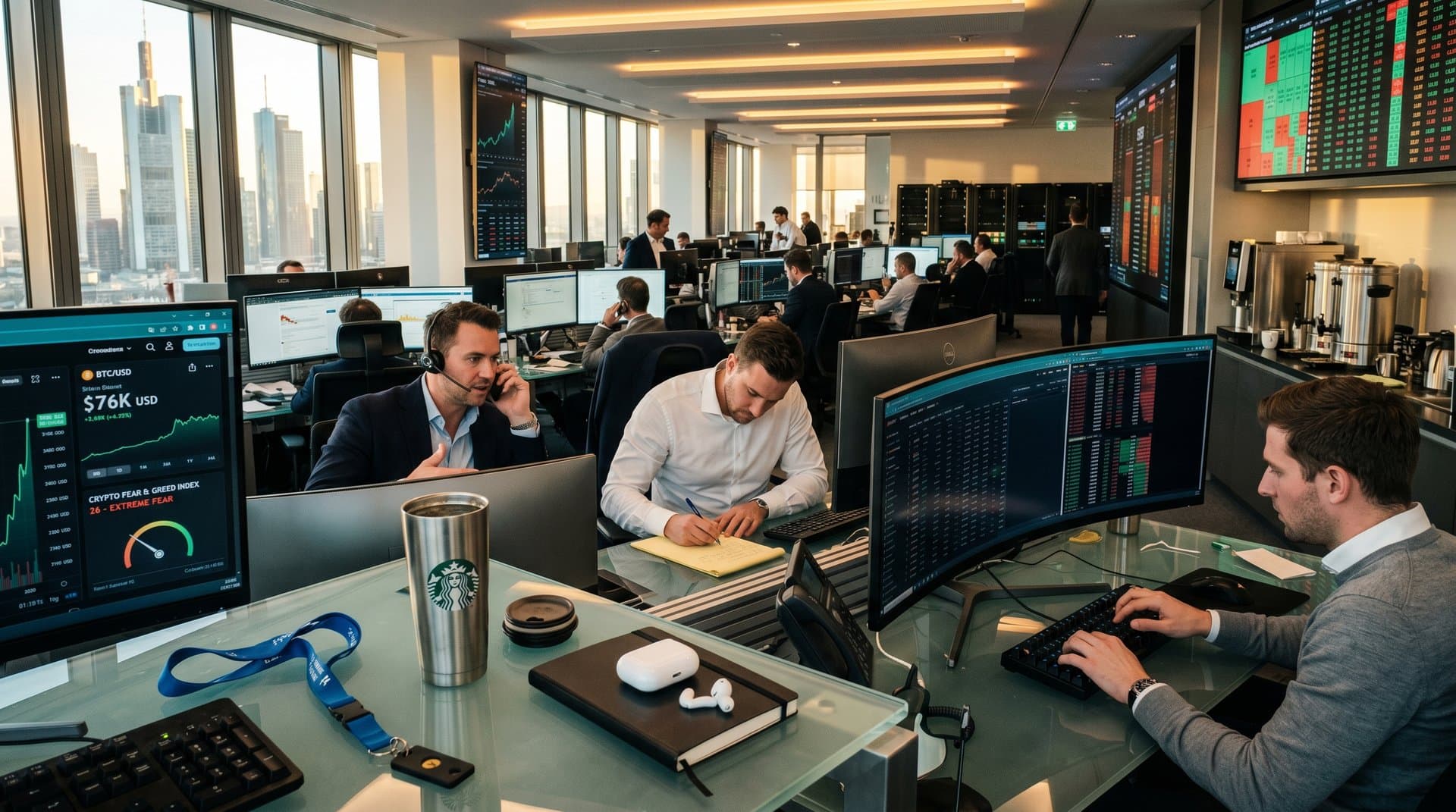 Trading-Floor mit Krypto-Charts, Fear & Greed Index 26 und Sicherheitselementen