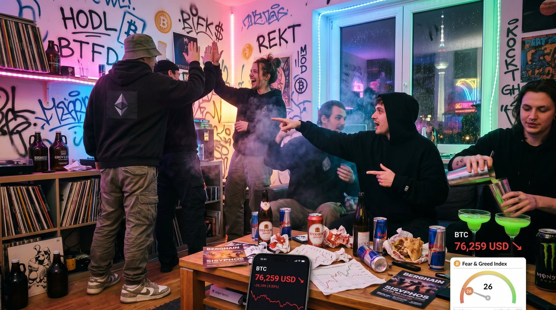 Junge Berliner feiern Krypto mit Bitcoin-Chart bei 76.259 USD und Fear & Greed 26