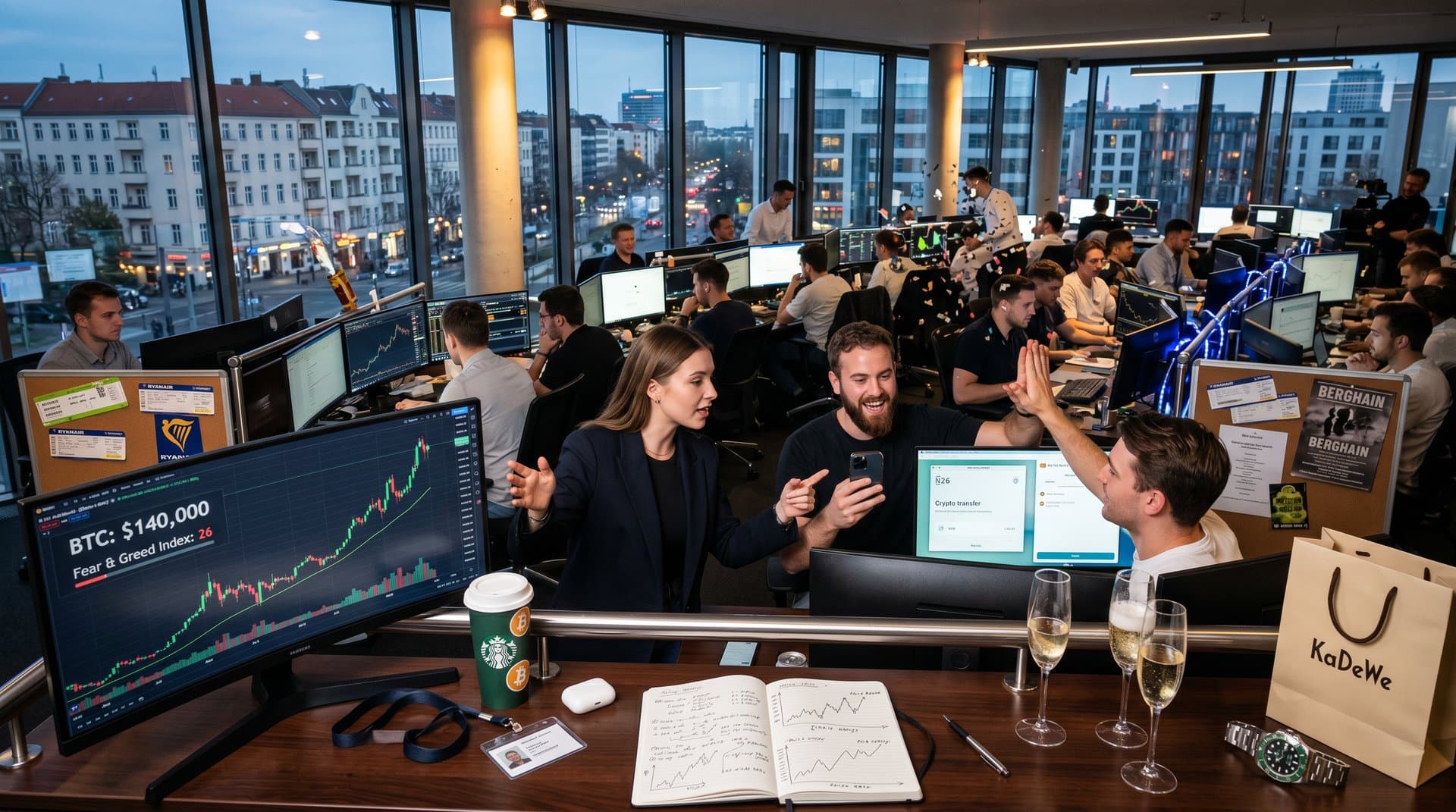 Abstraktes Trading-Floor mit Bitcoin 140000 USD-Charts, Fear & Greed Index und Berlin-Luxus-Elementen