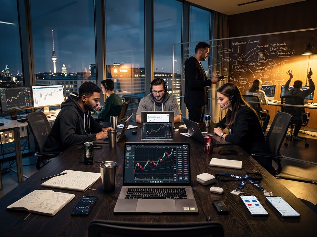 Junge Leute in Tech-Lab besprechen KI-Prompts mit Crypto-Charts und Fear Index