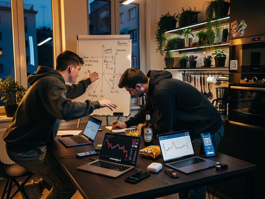 Junge Freunde in WG analysieren Bitcoin-Charts auf Phones und Laptops bei Bier