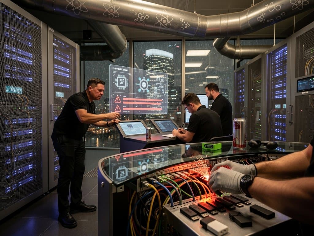 AI-Server-Racks in Data-Center mit Helium-Kühlung und Berlin-Nightlife-Elementen