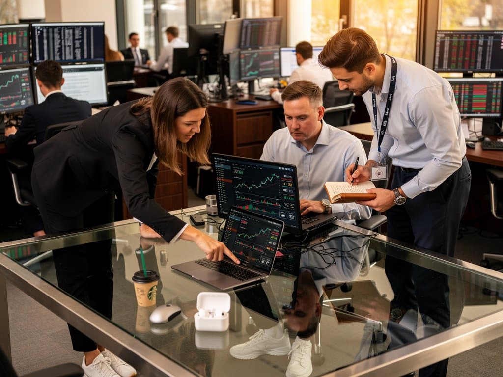 Junge Trader mit JLL KI-Tools analysieren Krypto-Charts und AI-Dashboards in modernem Büro