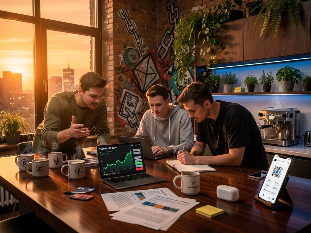 Freunde-Gruppe analysiert KI-Prompts für Finanzen und Crypto-Charts in WG-Küche